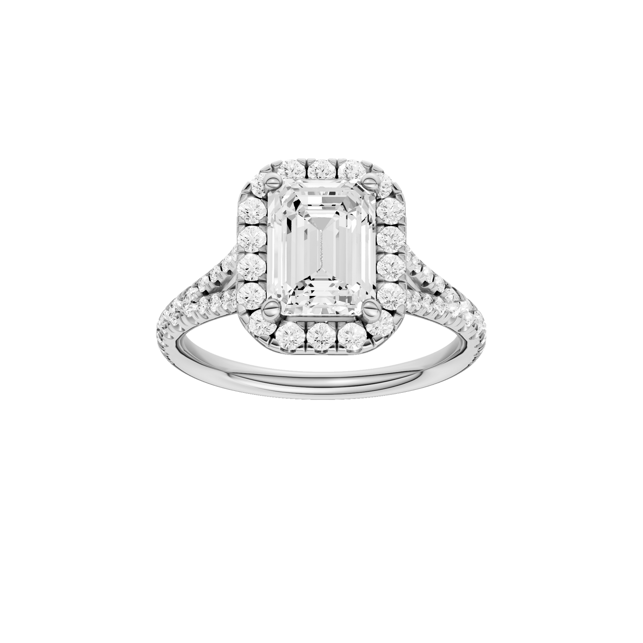 A front view of the Emerald cut diamond engagement ring in platinum with a prong band and solitaire setting