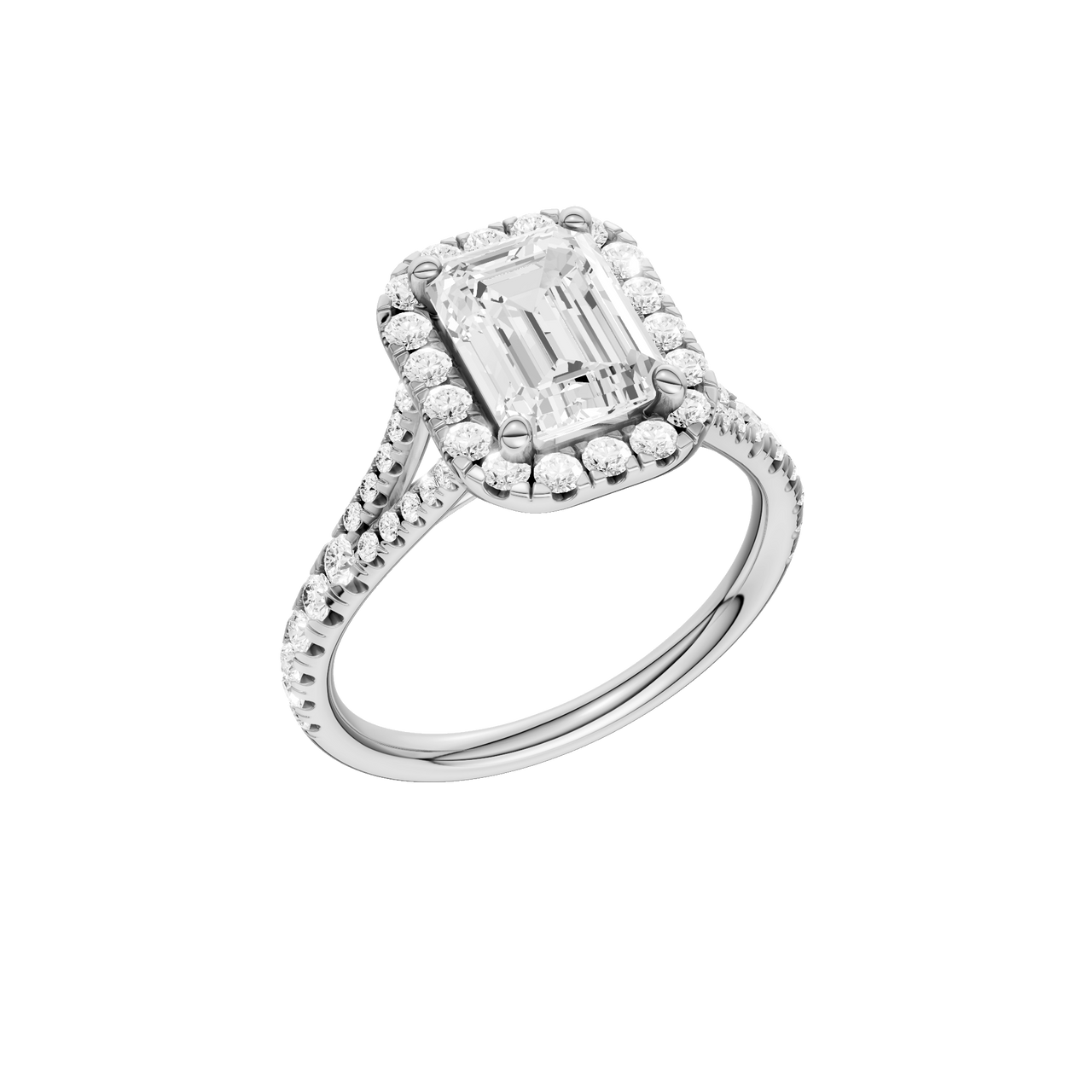 A three-quarter view of the Emerald cut diamond engagement ring in 14k white gold with a prong band and solitaire setting