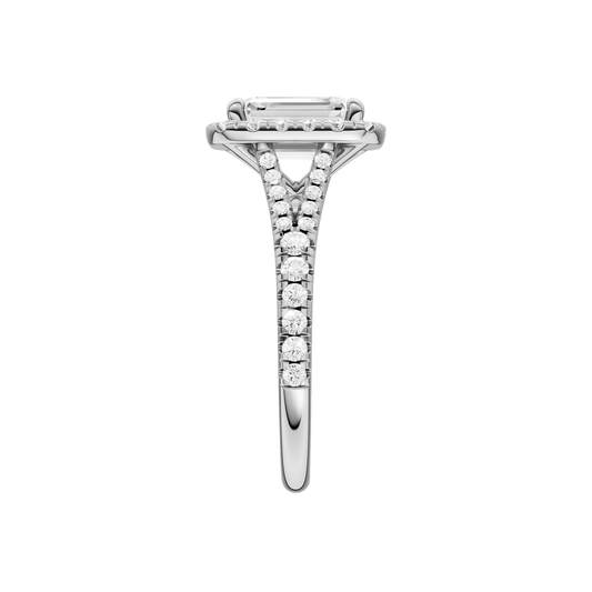 A side view of the Emerald cut diamond engagement ring in 14k white gold with a prong band and solitaire setting