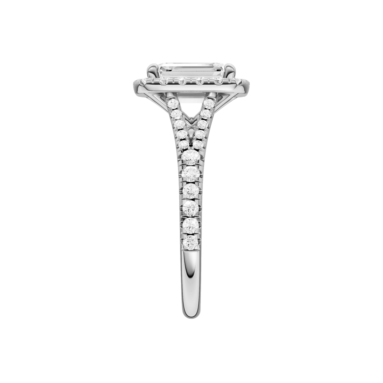 A side view of the Emerald cut diamond engagement ring in platinum with a prong band and solitaire setting