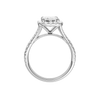 A profile view of the Emerald cut diamond engagement ring in platinum with a prong band and solitaire setting
