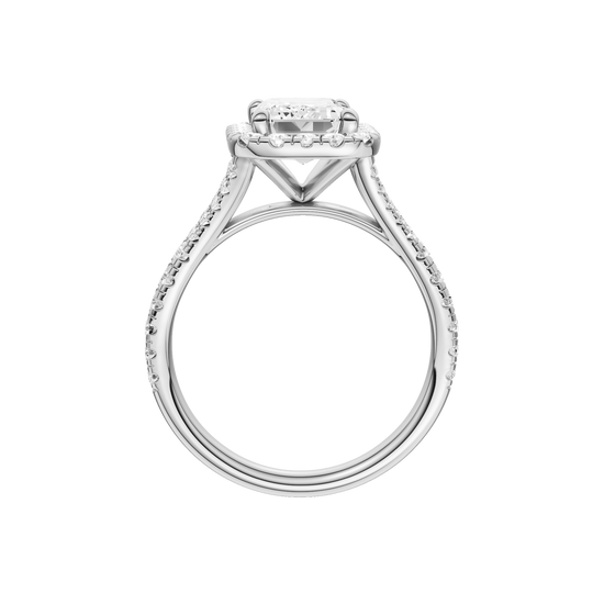 A profile view of the Emerald cut diamond engagement ring in 14k white gold with a prong band and solitaire setting