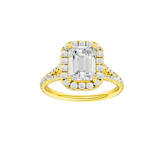 A front view of the Emerald cut diamond engagement ring in 14k yellow gold with a prong band and solitaire setting