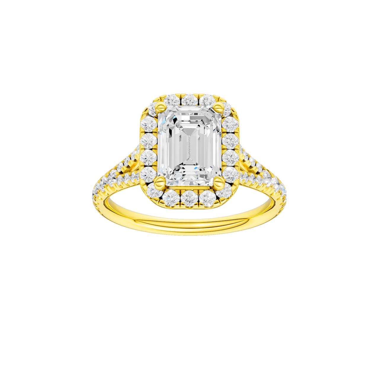 A front view of the Emerald cut diamond engagement ring in 14k yellow gold with a prong band and solitaire setting