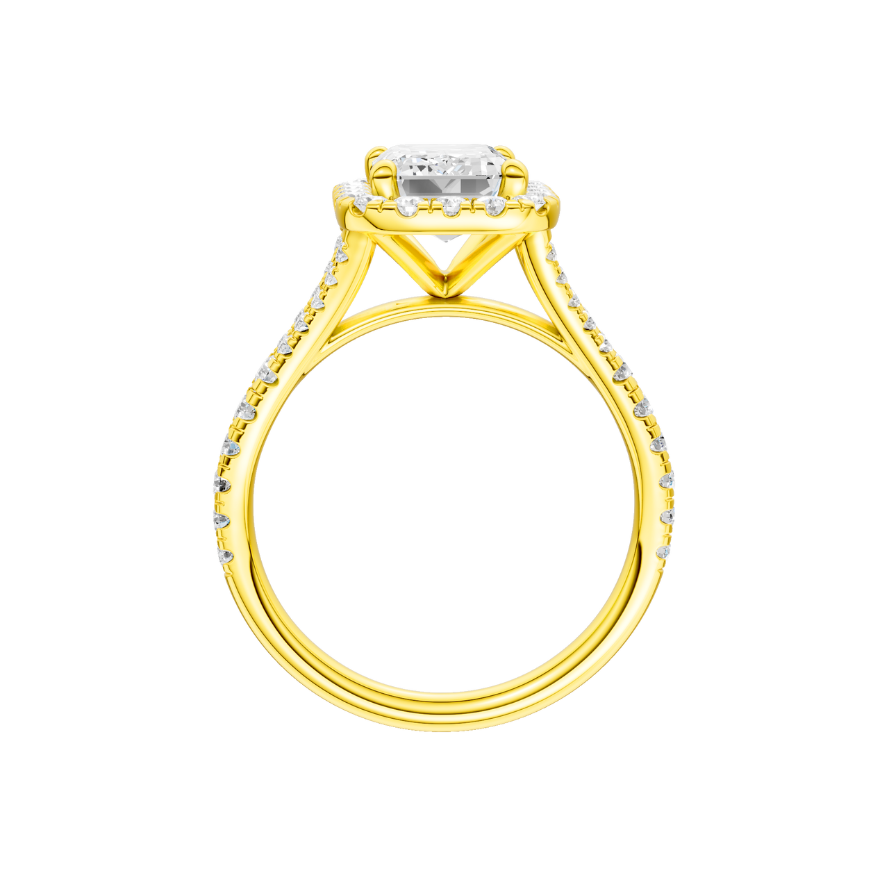 A profile view of the Emerald cut diamond engagement ring in 14k yellow gold with a prong band and solitaire setting