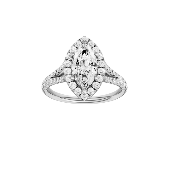 A front view of the Marquise cut diamond engagement ring in platinum with a prong band and solitaire setting