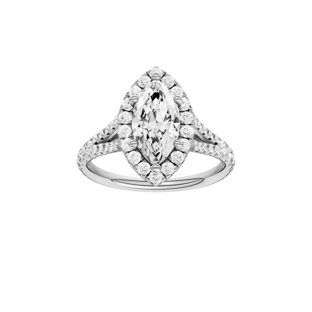 A front view of the Marquise cut diamond engagement ring in 14k white gold with a prong band and solitaire setting
