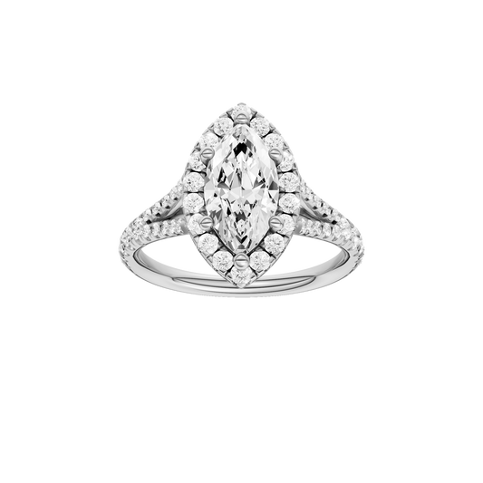 A front view of the Marquise cut diamond engagement ring in 14k white gold with a prong band and solitaire setting