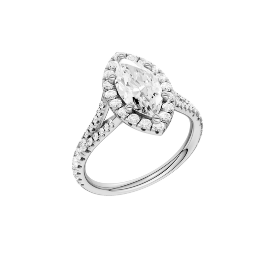 A three-quarter view of the Marquise cut diamond engagement ring in platinum with a prong band and solitaire setting