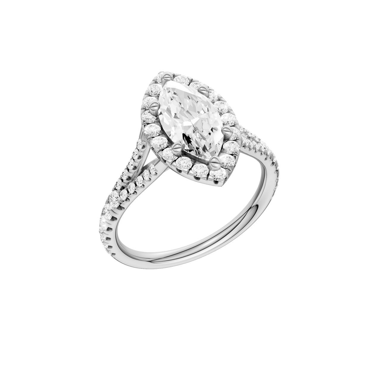 A three-quarter view of the Marquise cut diamond engagement ring in platinum with a prong band and solitaire setting