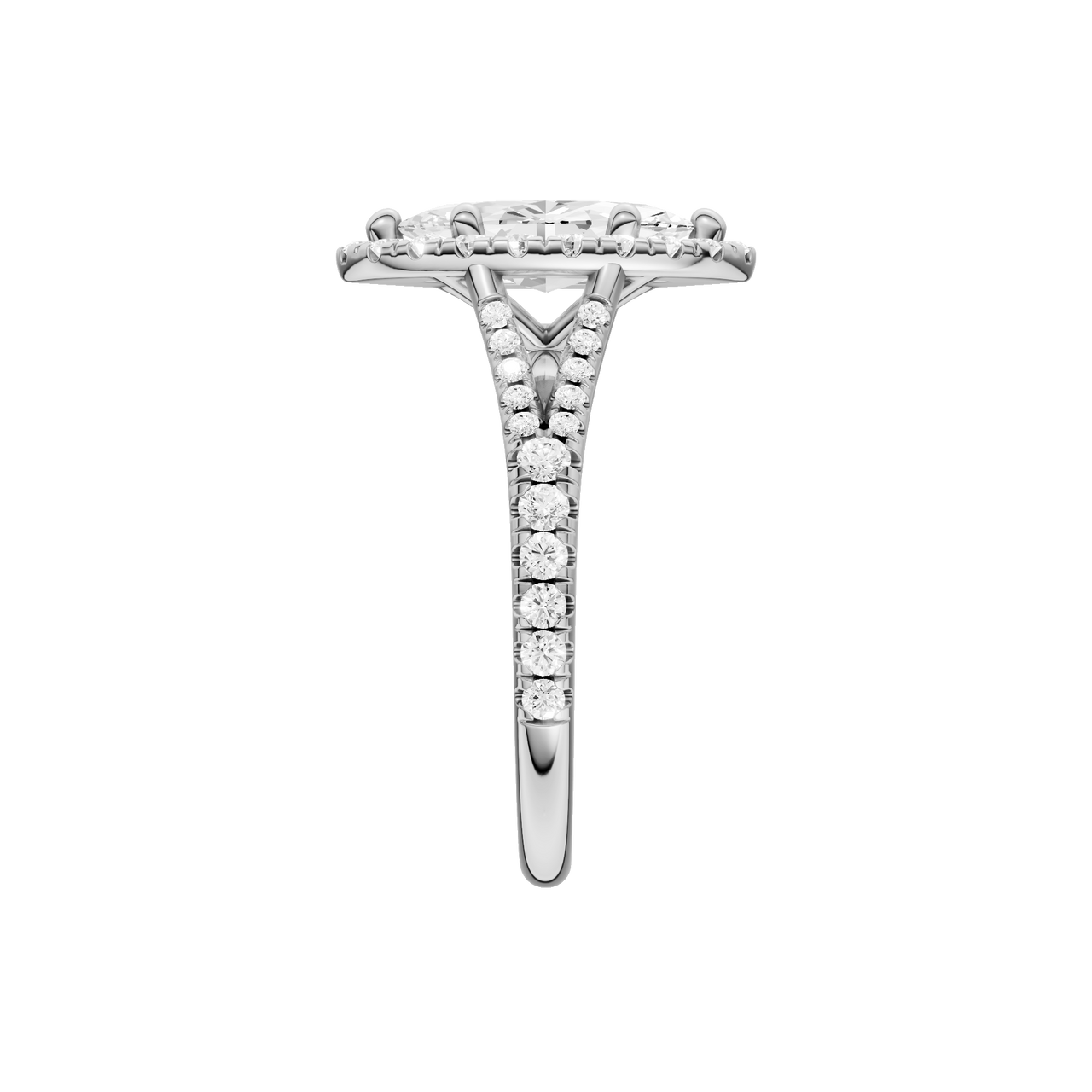 A side view of the Marquise cut diamond engagement ring in 14k white gold with a prong band and solitaire setting