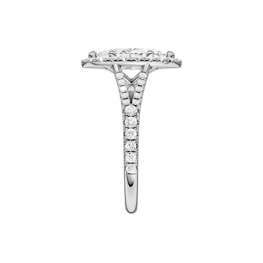A side view of the Marquise cut diamond engagement ring in 14k white gold with a prong band and solitaire setting