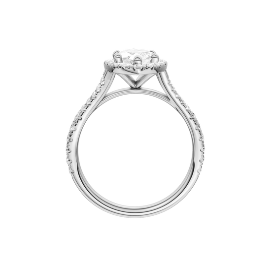 A profile view of the Marquise cut diamond engagement ring in 14k white gold with a prong band and solitaire setting