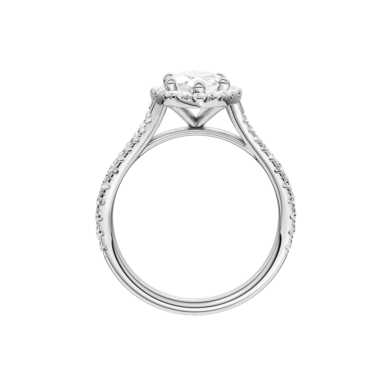 A profile view of the Marquise cut diamond engagement ring in 14k white gold with a prong band and solitaire setting
