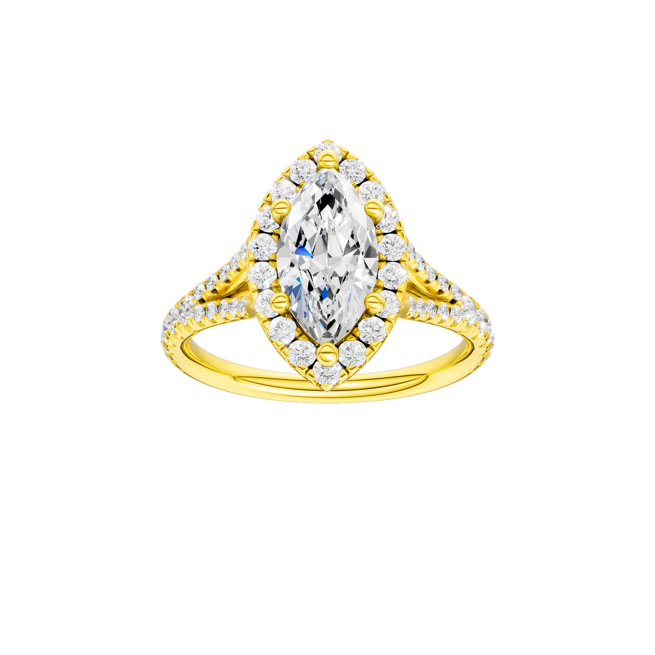 A front view of the Marquise cut diamond engagement ring in 14k yellow gold with a prong band and solitaire setting