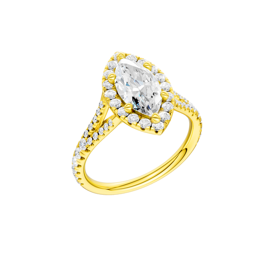 A three-quarter view of the Marquise cut diamond engagement ring in 14k yellow gold with a prong band and solitaire setting