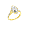 A three-quarter view of the Marquise cut diamond engagement ring in 14k yellow gold with a prong band and solitaire setting