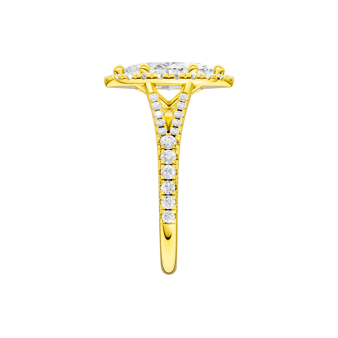 A side view of the Marquise cut diamond engagement ring in 14k yellow gold with a prong band and solitaire setting