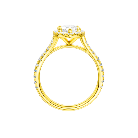 A profile view of the Marquise cut diamond engagement ring in 14k yellow gold with a prong band and solitaire setting