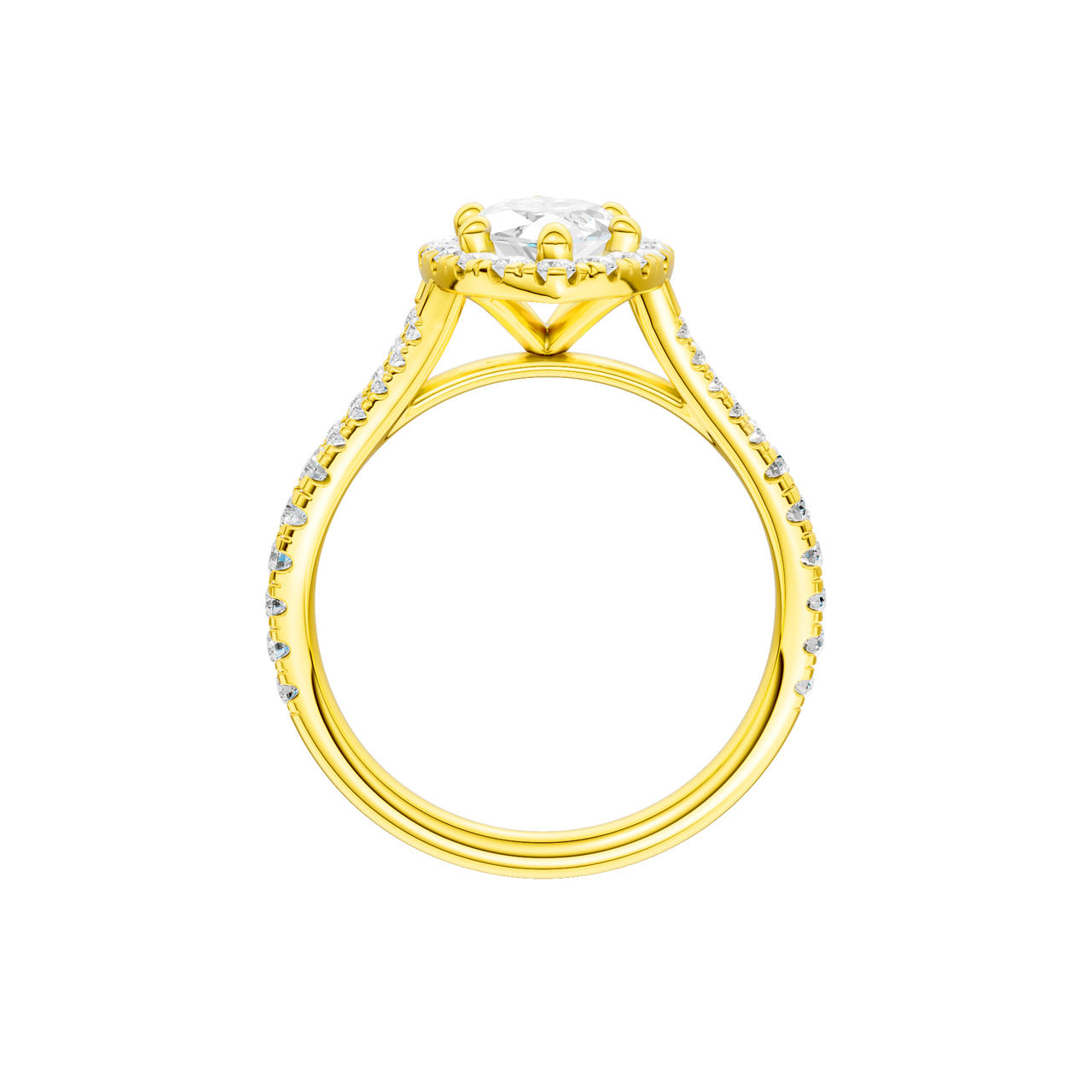A profile view of the Marquise cut diamond engagement ring in 14k yellow gold with a prong band and solitaire setting