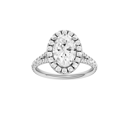 A front view of the Oval cut diamond engagement ring in 14k white gold with a prong band and solitaire setting