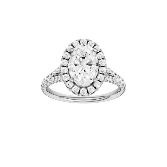 A front view of the Oval cut diamond engagement ring in 14k white gold with a prong band and solitaire setting