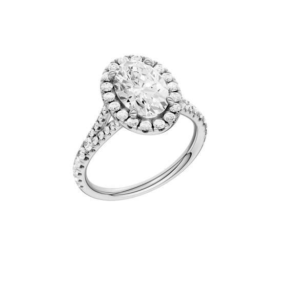 A three-quarter view of the Oval cut diamond engagement ring in 14k white gold with a prong band and solitaire setting