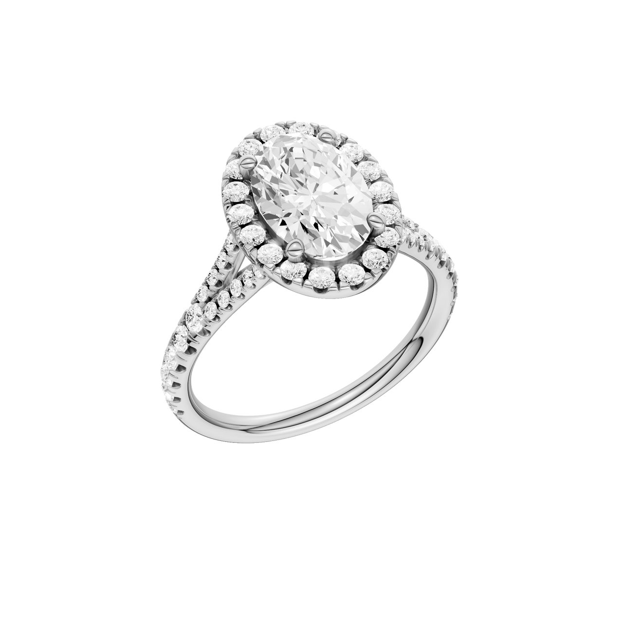 A three-quarter view of the Oval cut diamond engagement ring in 14k white gold with a prong band and solitaire setting