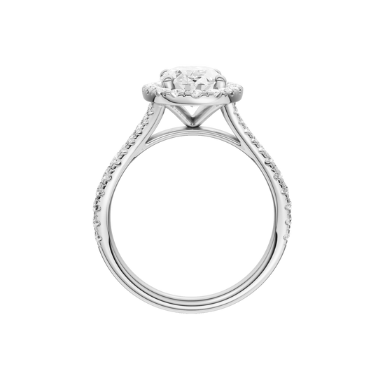 A profile view of the Oval cut diamond engagement ring in 14k white gold with a prong band and solitaire setting