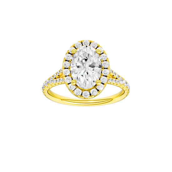 A front view of the Oval cut diamond engagement ring in 14k yellow gold with a prong band and solitaire setting
