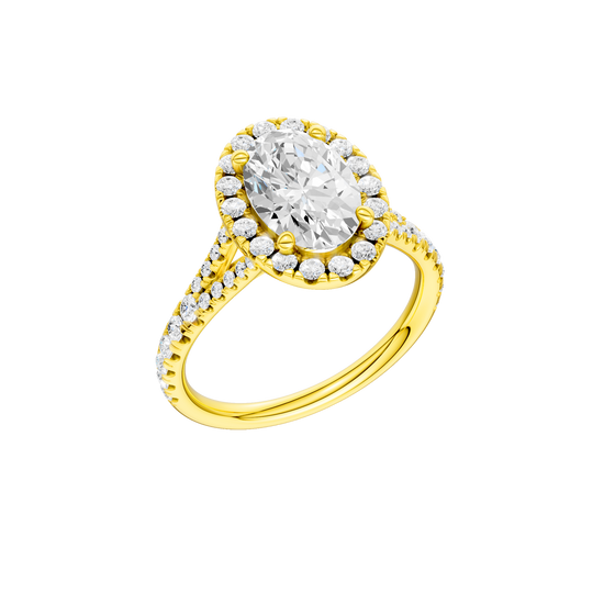 A three-quarter view of the Oval cut diamond engagement ring in 14k yellow gold with a prong band and solitaire setting