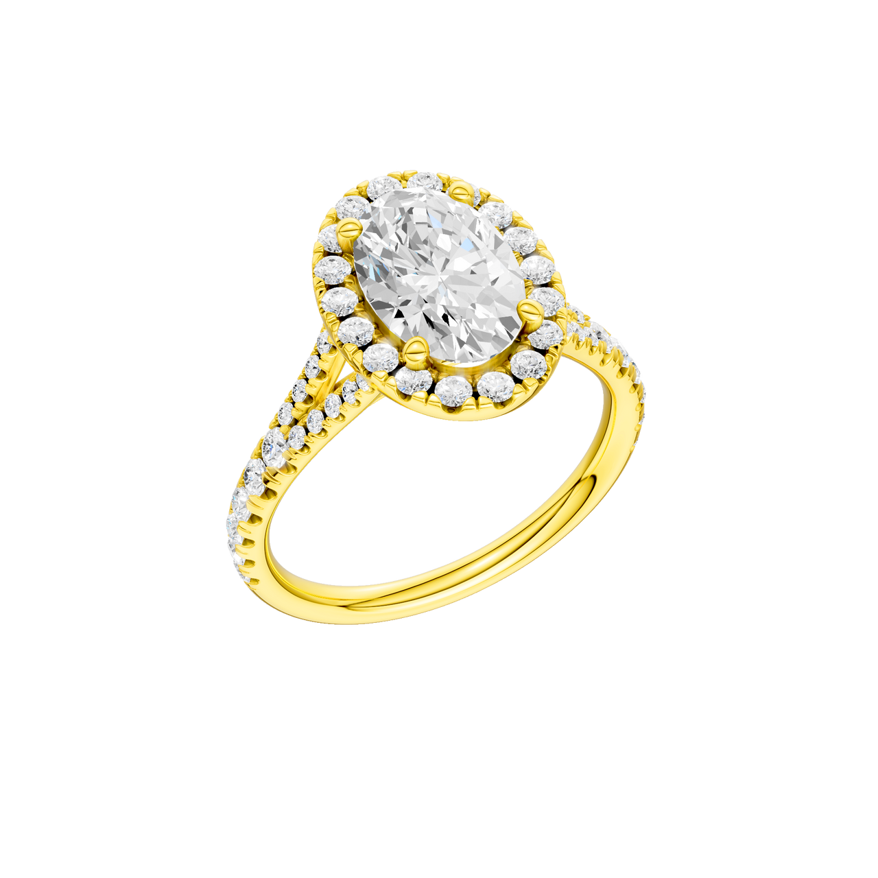 A three-quarter view of the Oval cut diamond engagement ring in 14k yellow gold with a prong band and solitaire setting