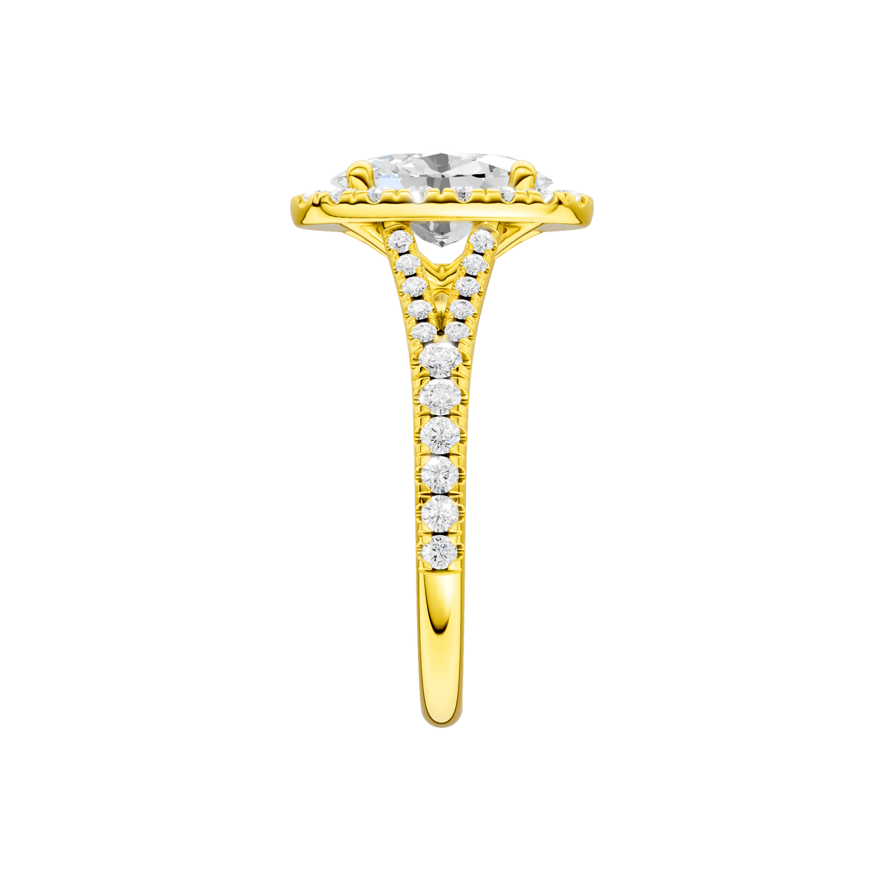 A side view of the Oval cut diamond engagement ring in 14k yellow gold with a prong band and solitaire setting