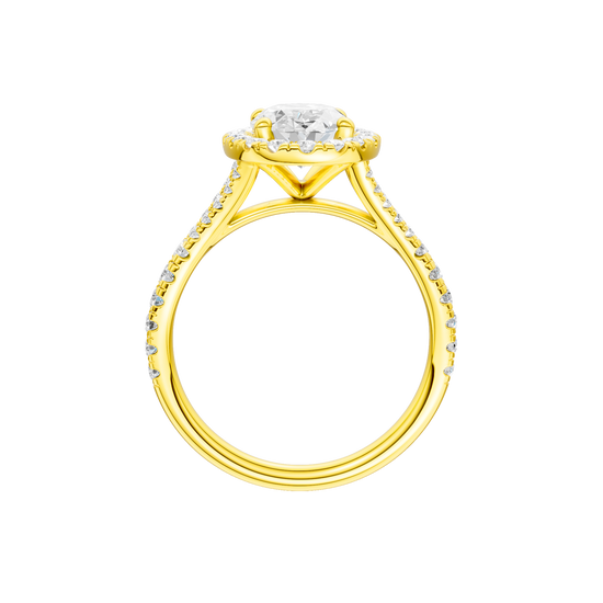A profile view of the Oval cut diamond engagement ring in 14k yellow gold with a prong band and solitaire setting