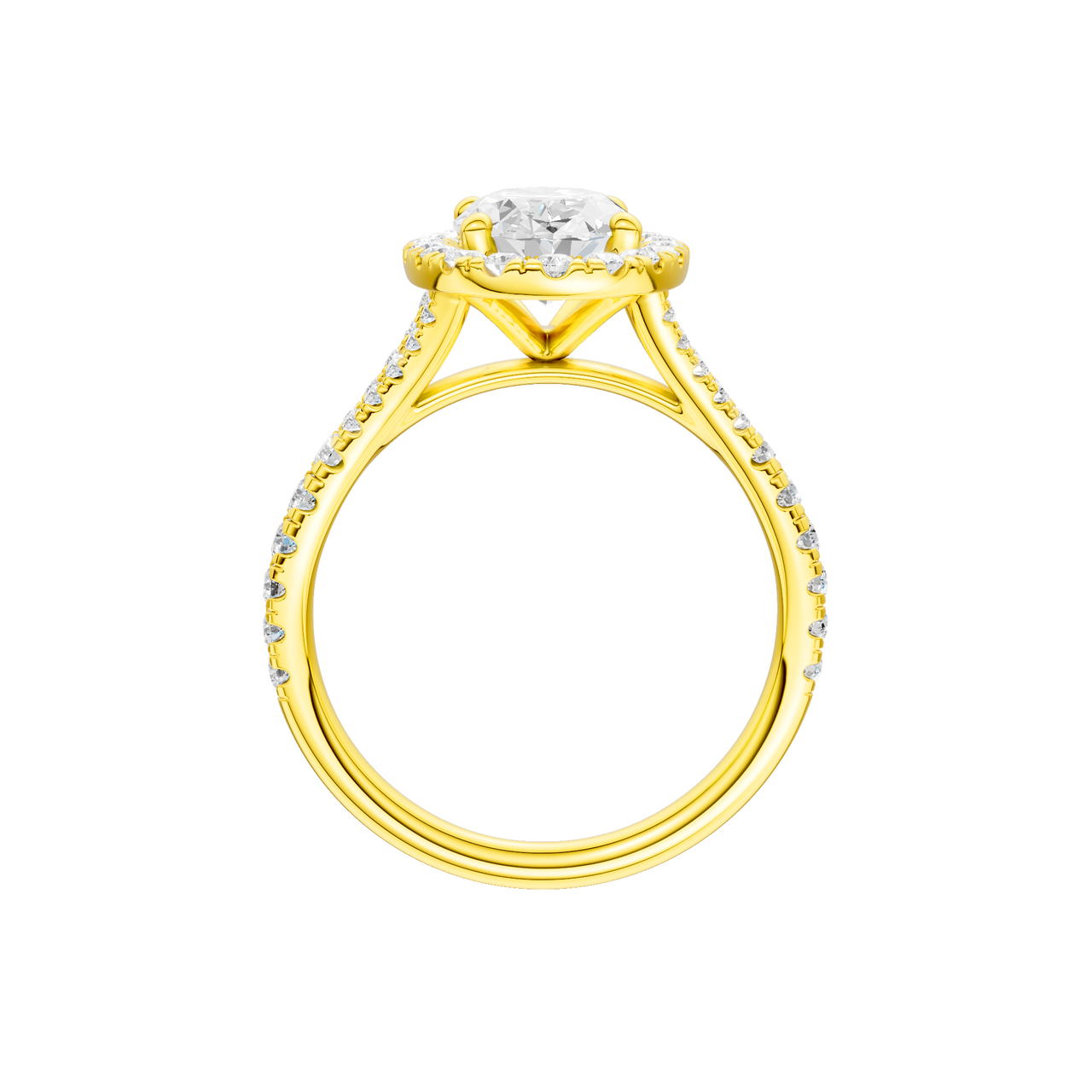 A profile view of the Oval cut diamond engagement ring in 14k yellow gold with a prong band and solitaire setting