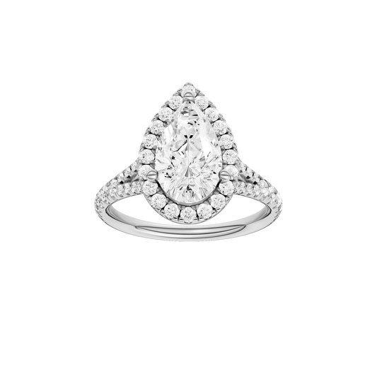 A front view of the Pear cut diamond engagement ring in 14k white gold with a prong band and solitaire setting