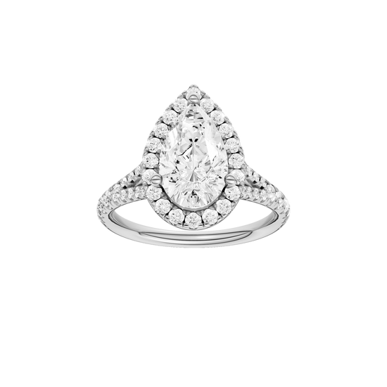 A front view of the Pear cut diamond engagement ring in platinum with a prong band and solitaire setting