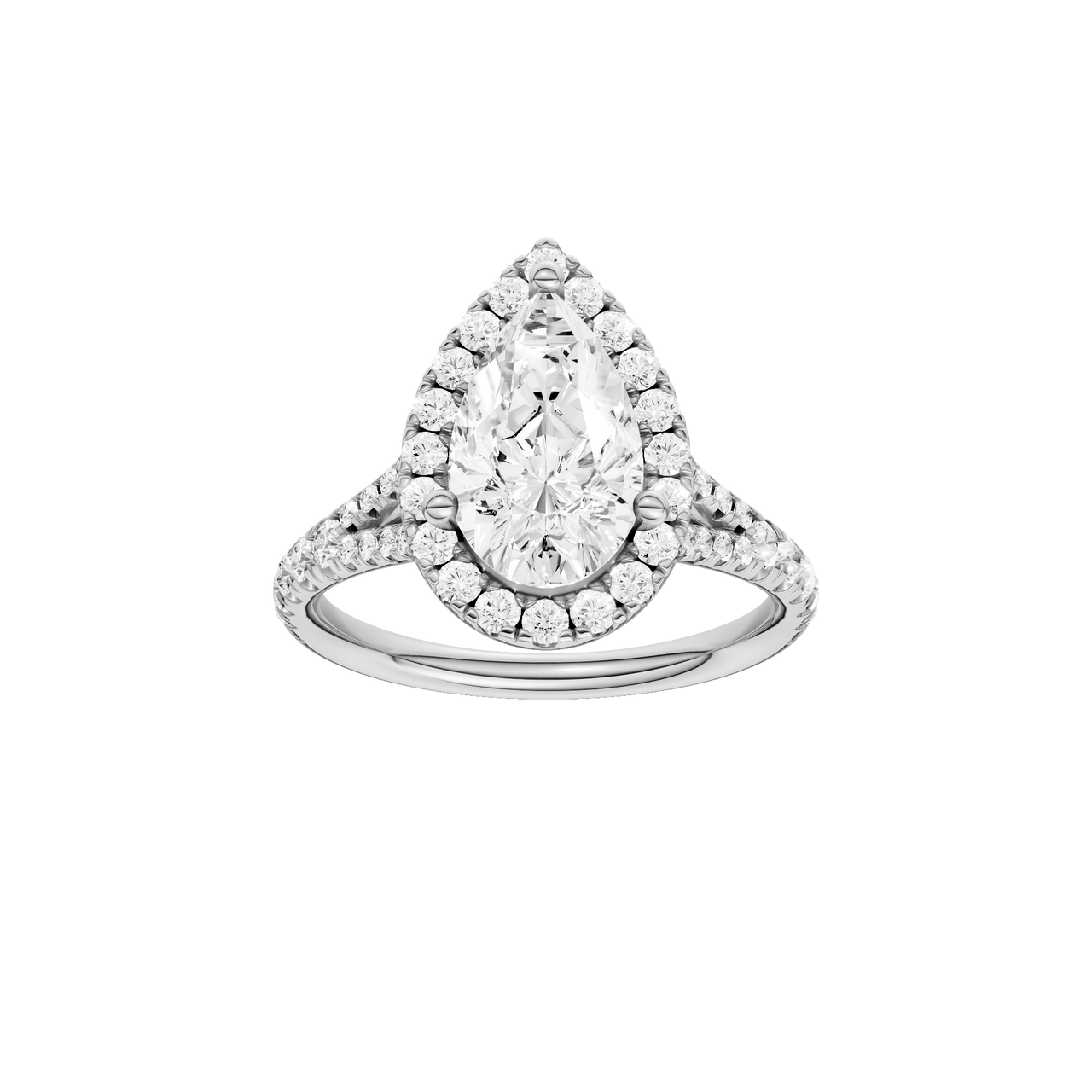 A front view of the Pear cut diamond engagement ring in platinum with a prong band and solitaire setting