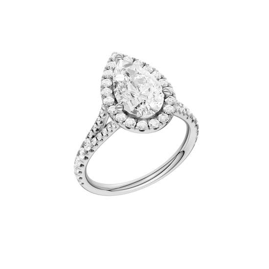 A three-quarter view of the Pear cut diamond engagement ring in platinum with a prong band and solitaire setting