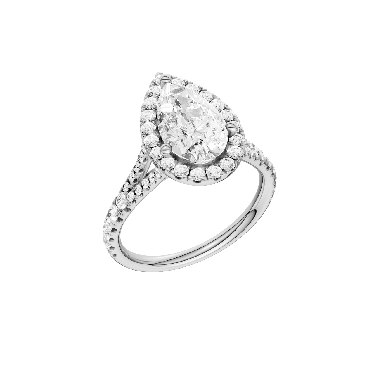 A three-quarter view of the Pear cut diamond engagement ring in platinum with a prong band and solitaire setting