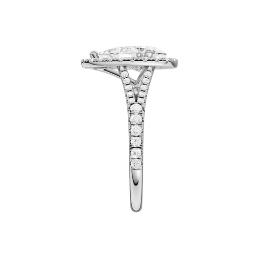 A side view of the Pear cut diamond engagement ring in 14k white gold with a prong band and solitaire setting