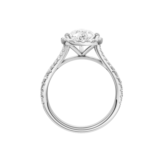 A profile view of the Pear cut diamond engagement ring in 14k white gold with a prong band and solitaire setting
