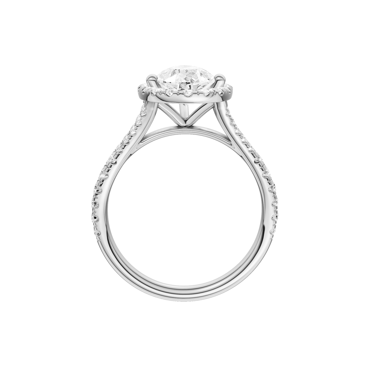 A profile view of the Pear cut diamond engagement ring in 14k white gold with a prong band and solitaire setting