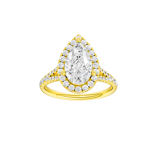 A front view of the Pear cut diamond engagement ring in 14k yellow gold with a prong band and solitaire setting