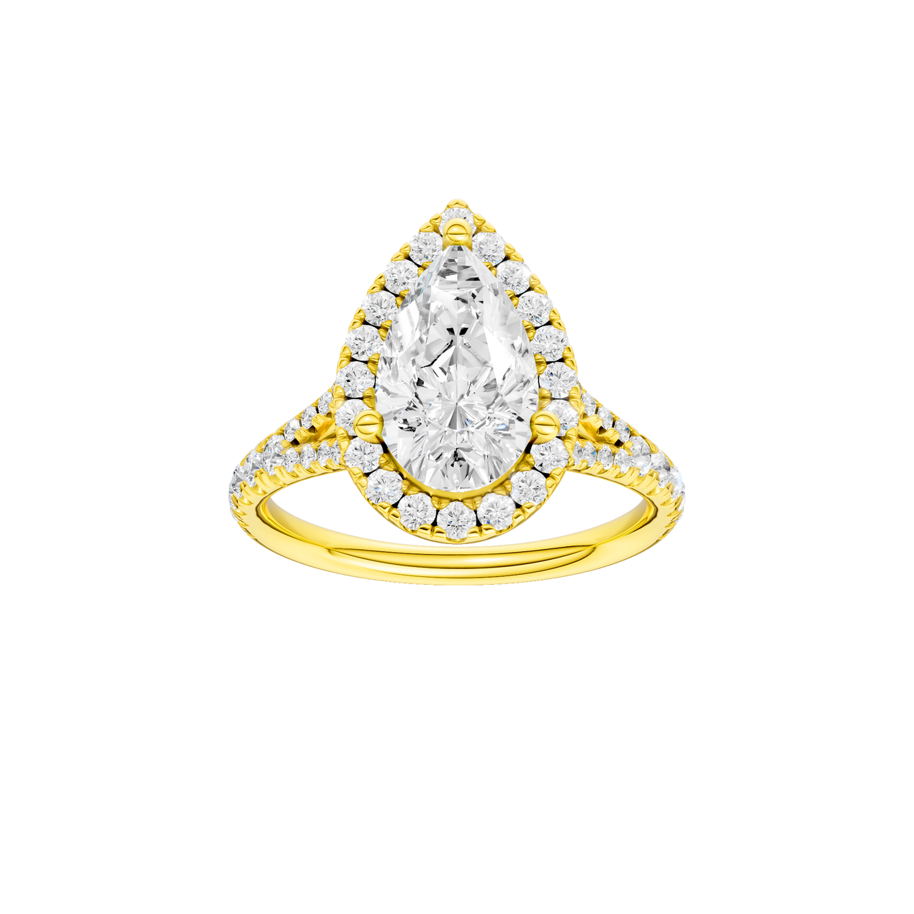 A front view of the Pear cut diamond engagement ring in 14k yellow gold with a prong band and solitaire setting
