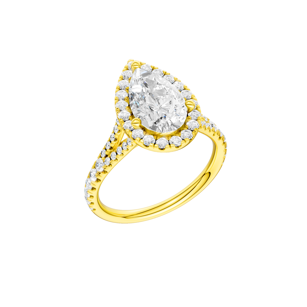 A three-quarter view of the Pear cut diamond engagement ring in 14k yellow gold with a prong band and solitaire setting