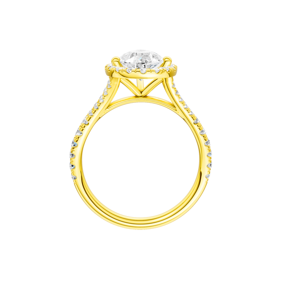 A profile view of the Pear cut diamond engagement ring in 14k yellow gold with a prong band and solitaire setting