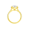 A profile view of the Pear cut diamond engagement ring in 14k yellow gold with a prong band and solitaire setting