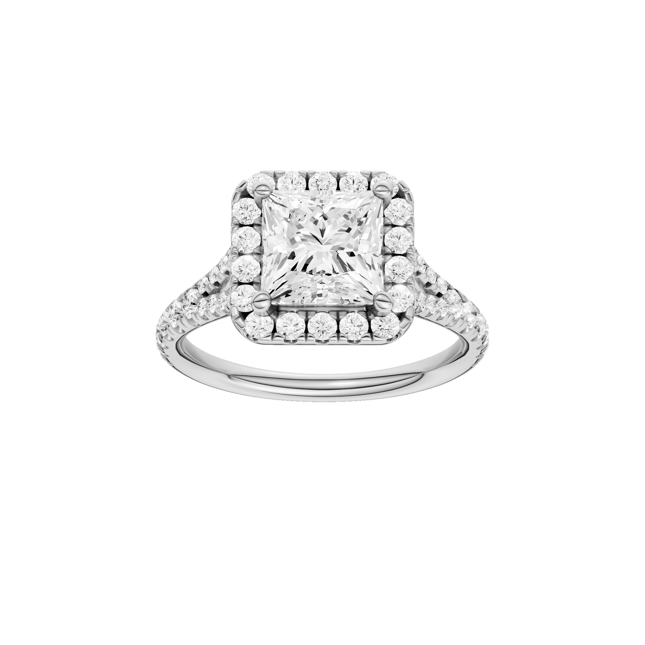 A front view of the Princess cut diamond engagement ring in platinum with a prong band and solitaire setting