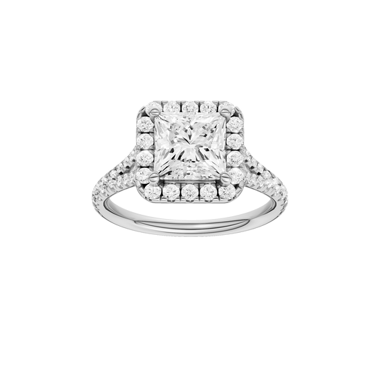 A front view of the Princess cut diamond engagement ring in 14k white gold with a prong band and solitaire setting